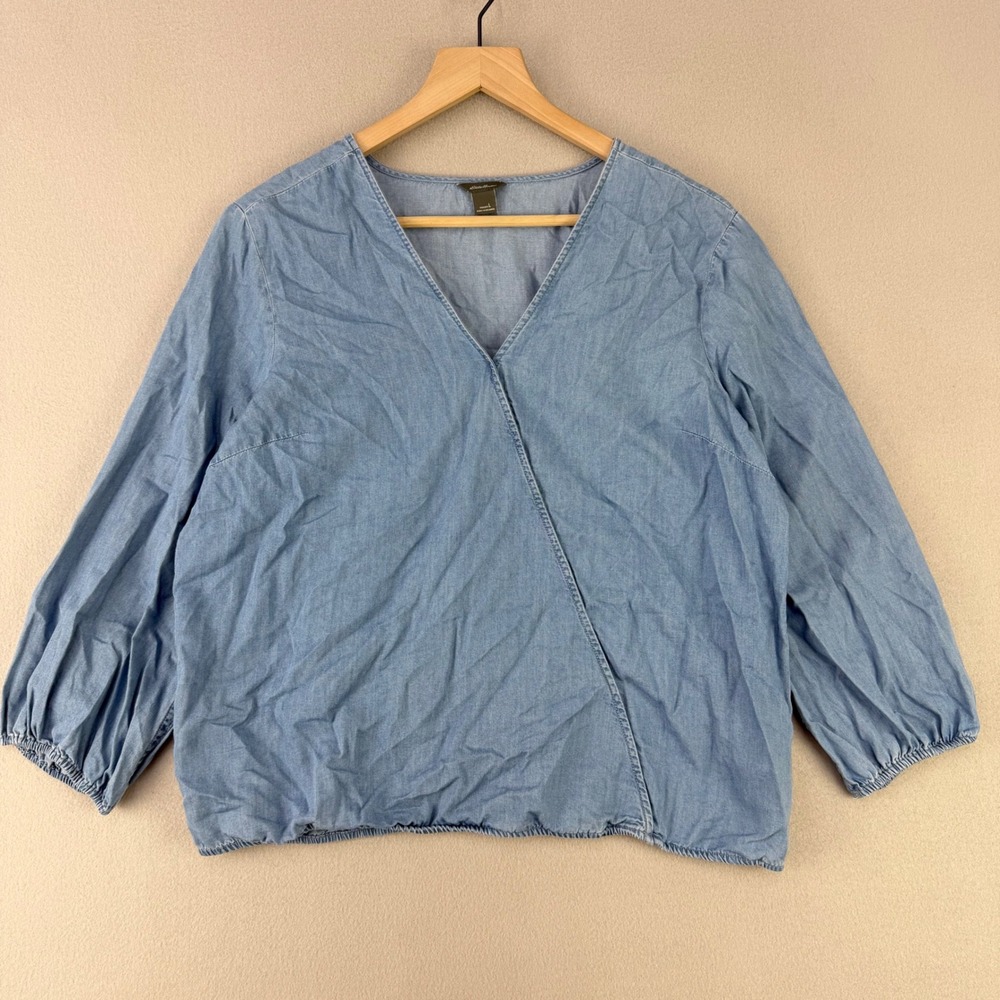 Eddie Bauer Chambray Faux Wrap Top Women L Blue Casual V-Neck Tencel Blouse